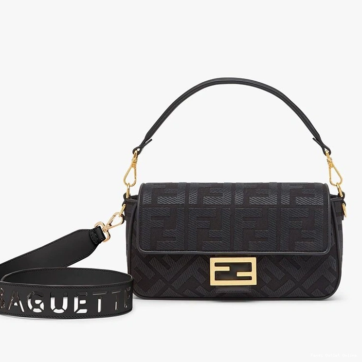 Cheap Baguette Medium Canvas Fendi Black Motif In with Cut Laser FF Bag Strap 0731